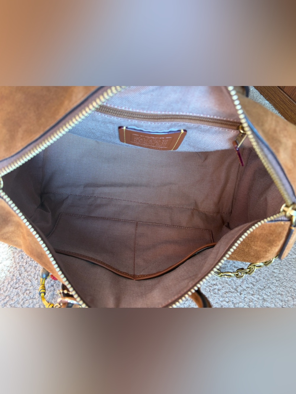 Coach Large Compass Bag 35 CCW80 Warm Brown Suede Crossbody Satchel with Charms - Picture 9 of 11